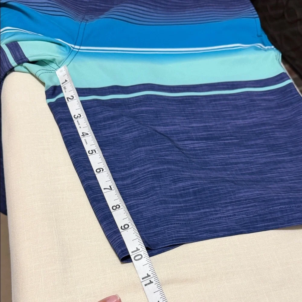 Goodfellow Navy and Aqua Striped Men’s Swim Board Shorts, Size 33”